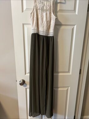 Iz Byer Ivory Lace and Cream Trim Maxi Dress